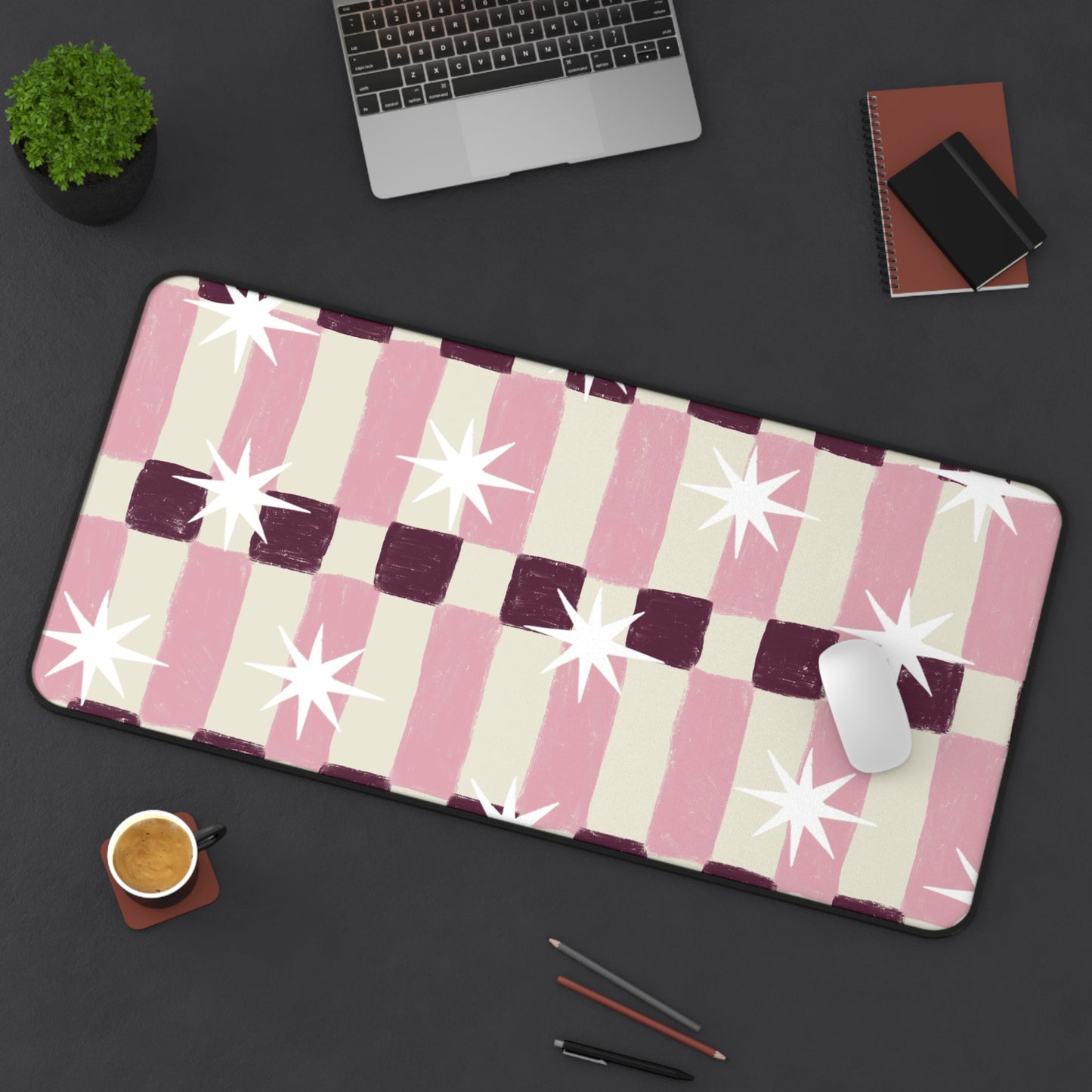 Pink Retro Check Desk Mat — Starburst Pattern