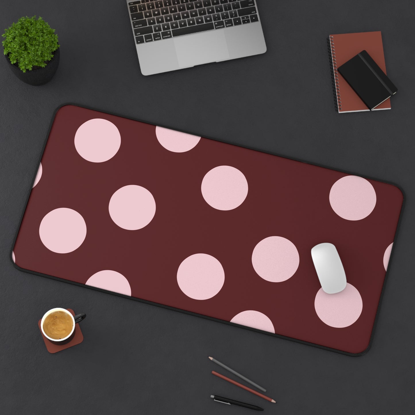 Polka Dot Desk Mat — Rose Pink Dots on Burgundy Mouse Pad