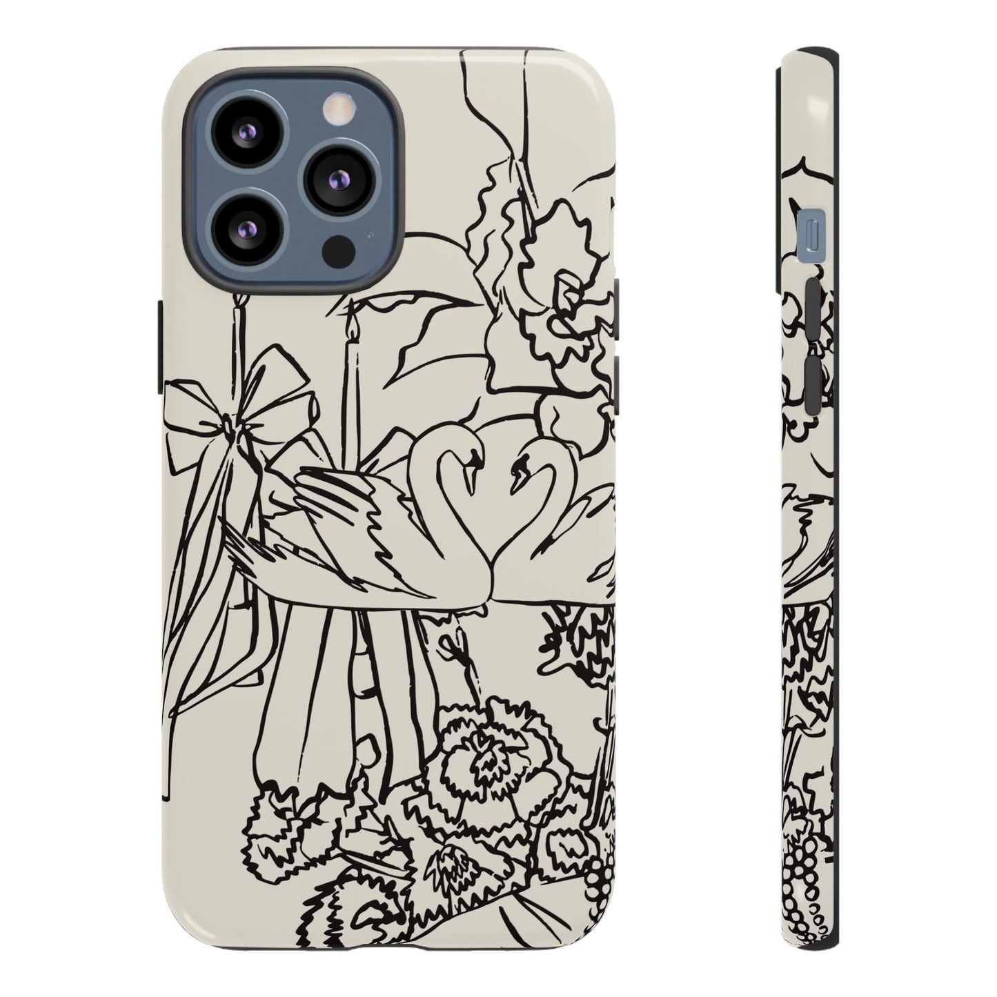 Black Line Art Floral Swan Phone Case