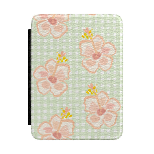 Floral Gingham Kindle Case — Pastel Pink Hibiscus E-Reader Cover