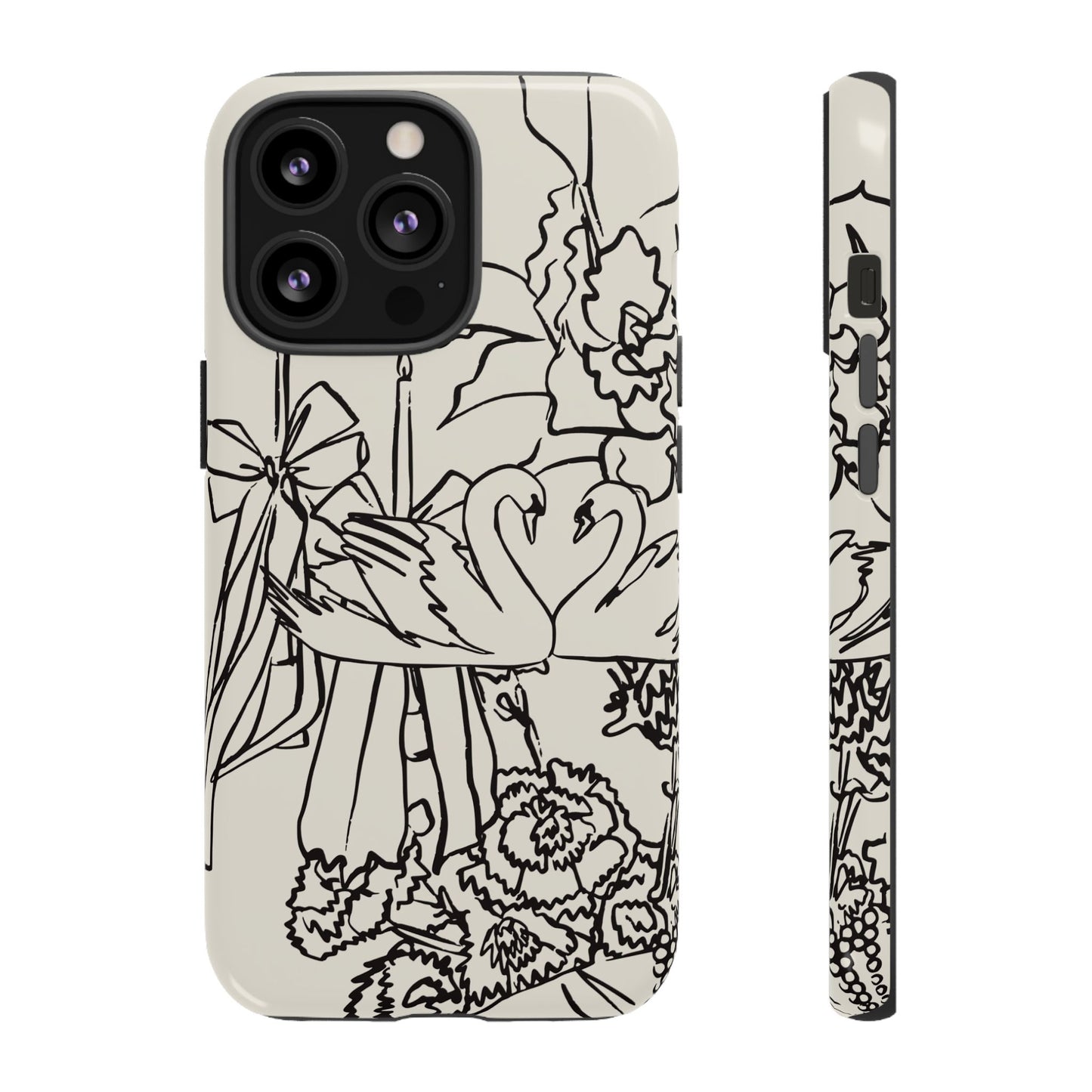 Black Line Art Floral Swan Phone Case