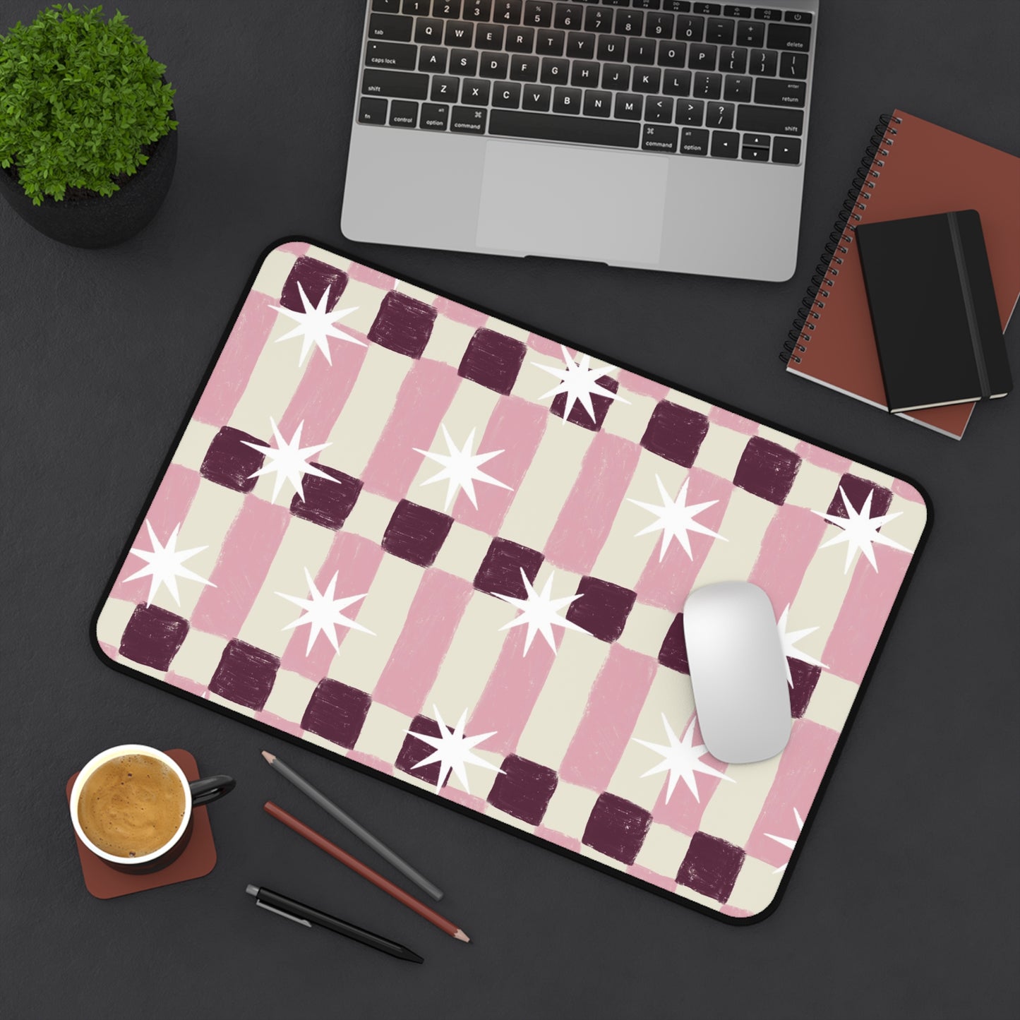 Pink Retro Check Desk Mat — Starburst Pattern