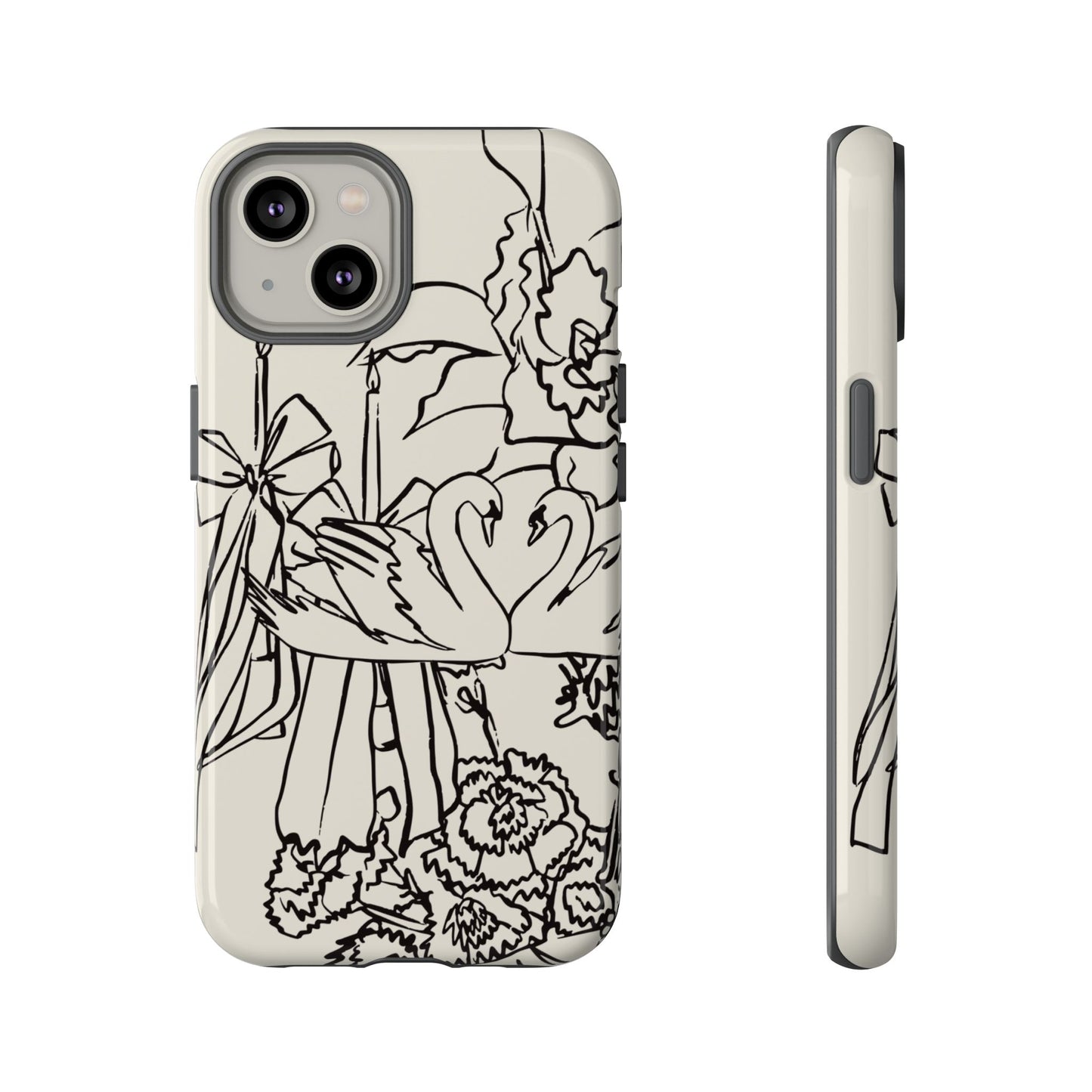 Black Line Art Floral Swan Phone Case