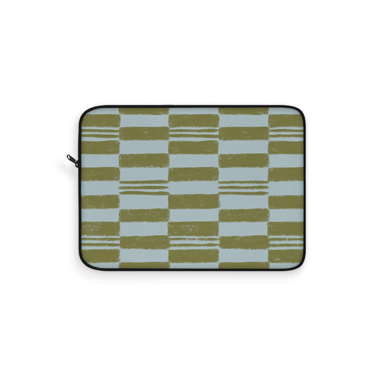 Olive Checkerboard Laptop Sleeve — Modern Brushstroke Grid Design