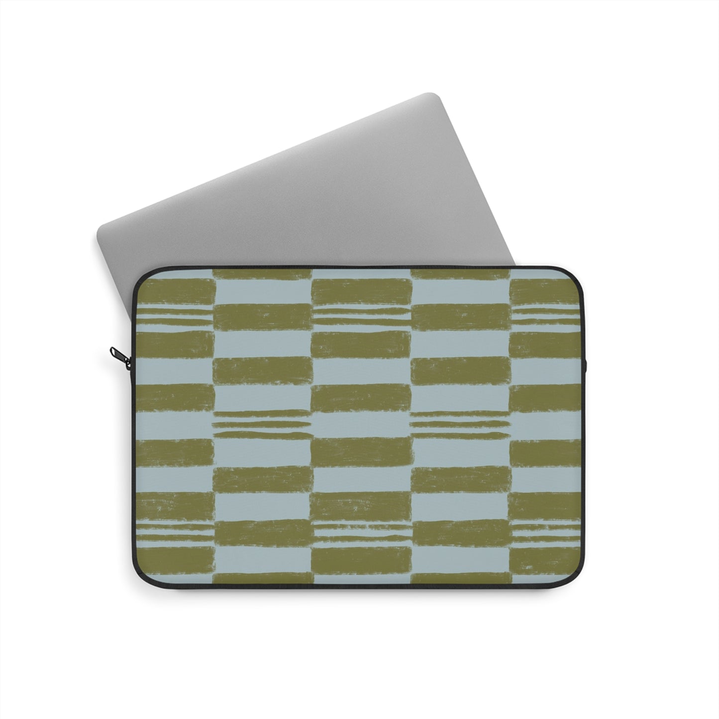 Olive Checkerboard Laptop Sleeve — Modern Brushstroke Grid Design