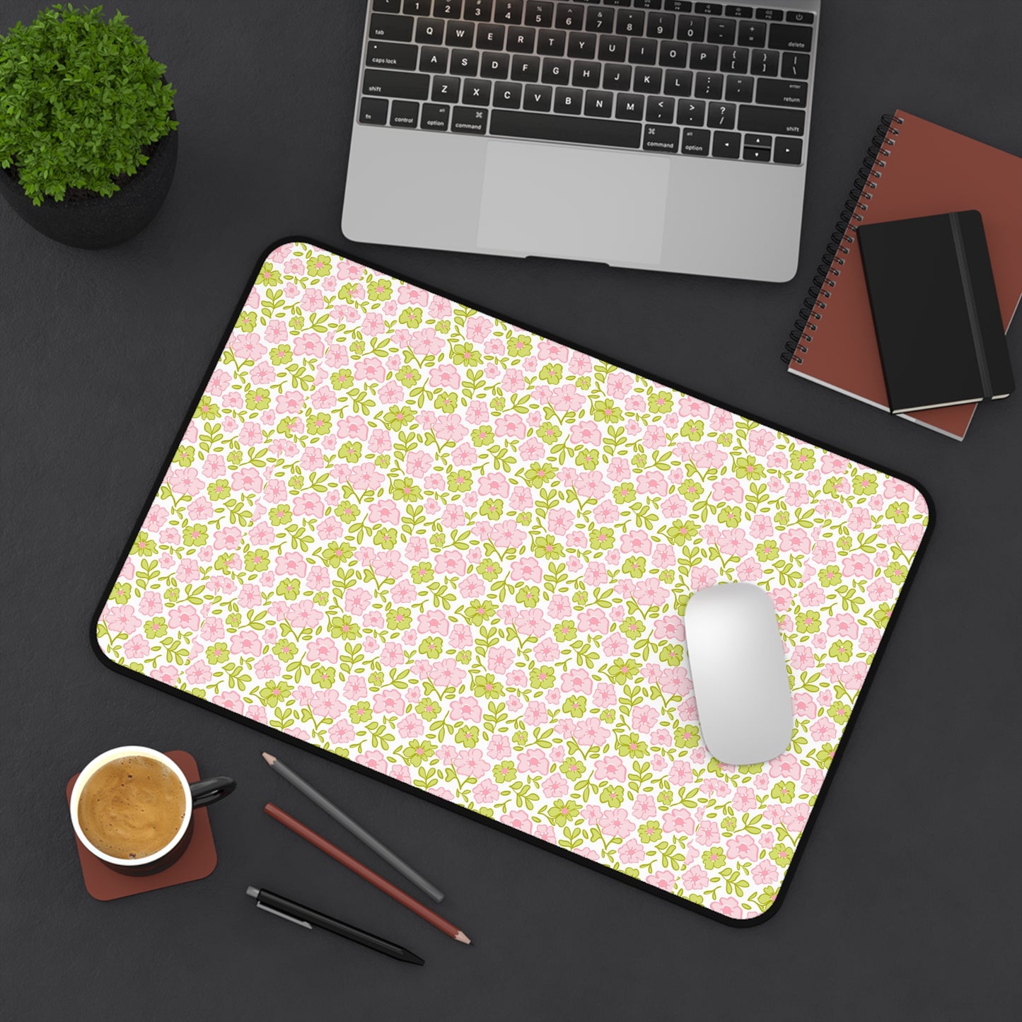 Floral Pastel Desk Mat — Pink & Sage Rose Pattern Mouse Pad