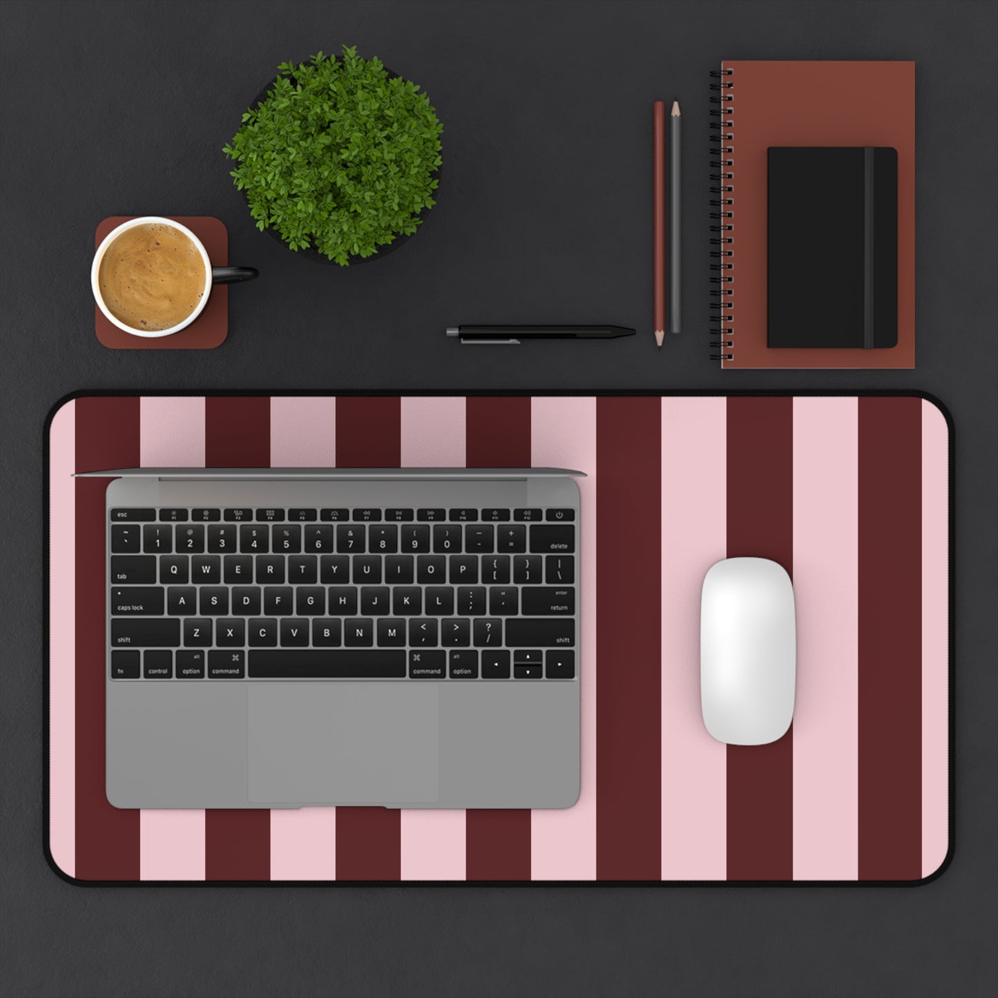 Striped Pink & Burgundy Desk Mat — Large Matte Mousepad for Office & Gaming