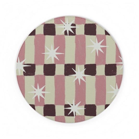 Retro Pink Checker PU Leather Mouse Mat — Starburst Pattern Desk Pad