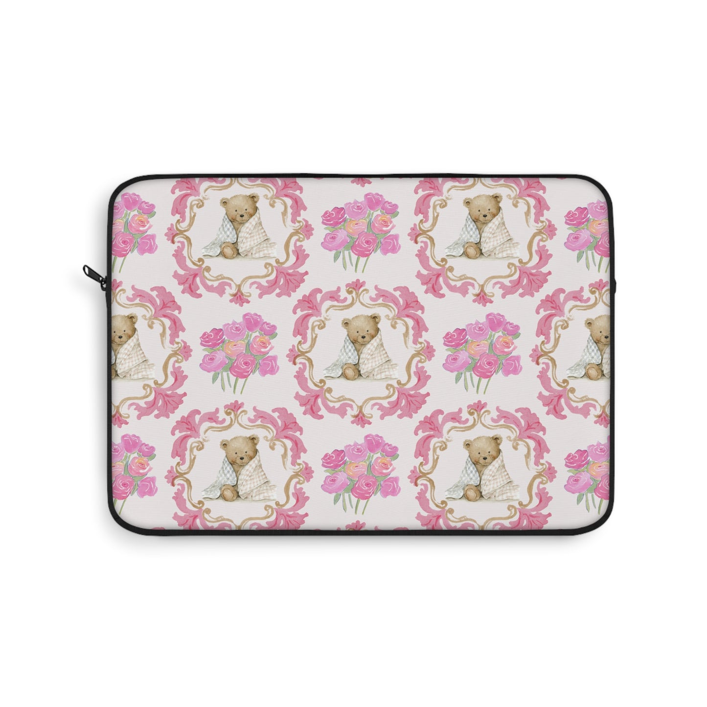 Laptop Sleeve — Vintage Floral Teddy Pattern, Pink Bouquet Protective Case