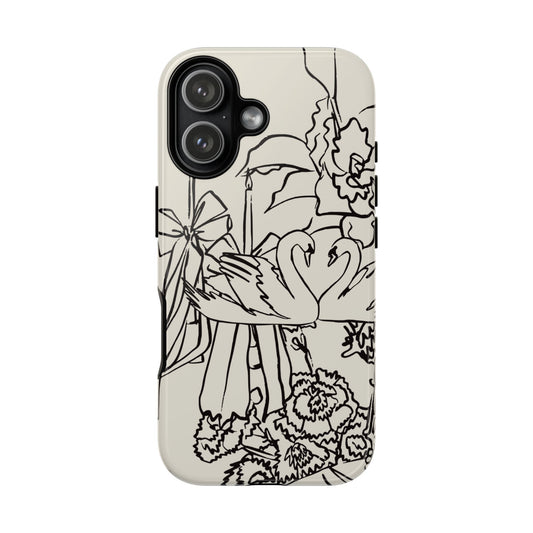 Black Line Art Floral Swan Phone Case