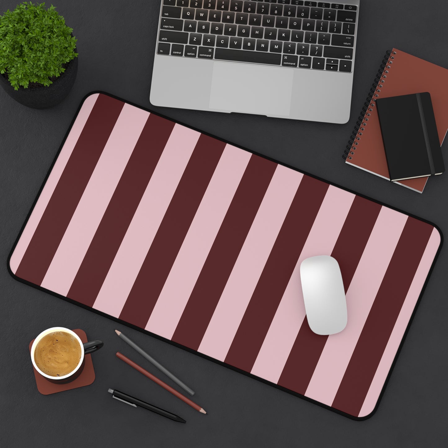 Striped Pink & Burgundy Desk Mat — Large Matte Mousepad for Office & Gaming