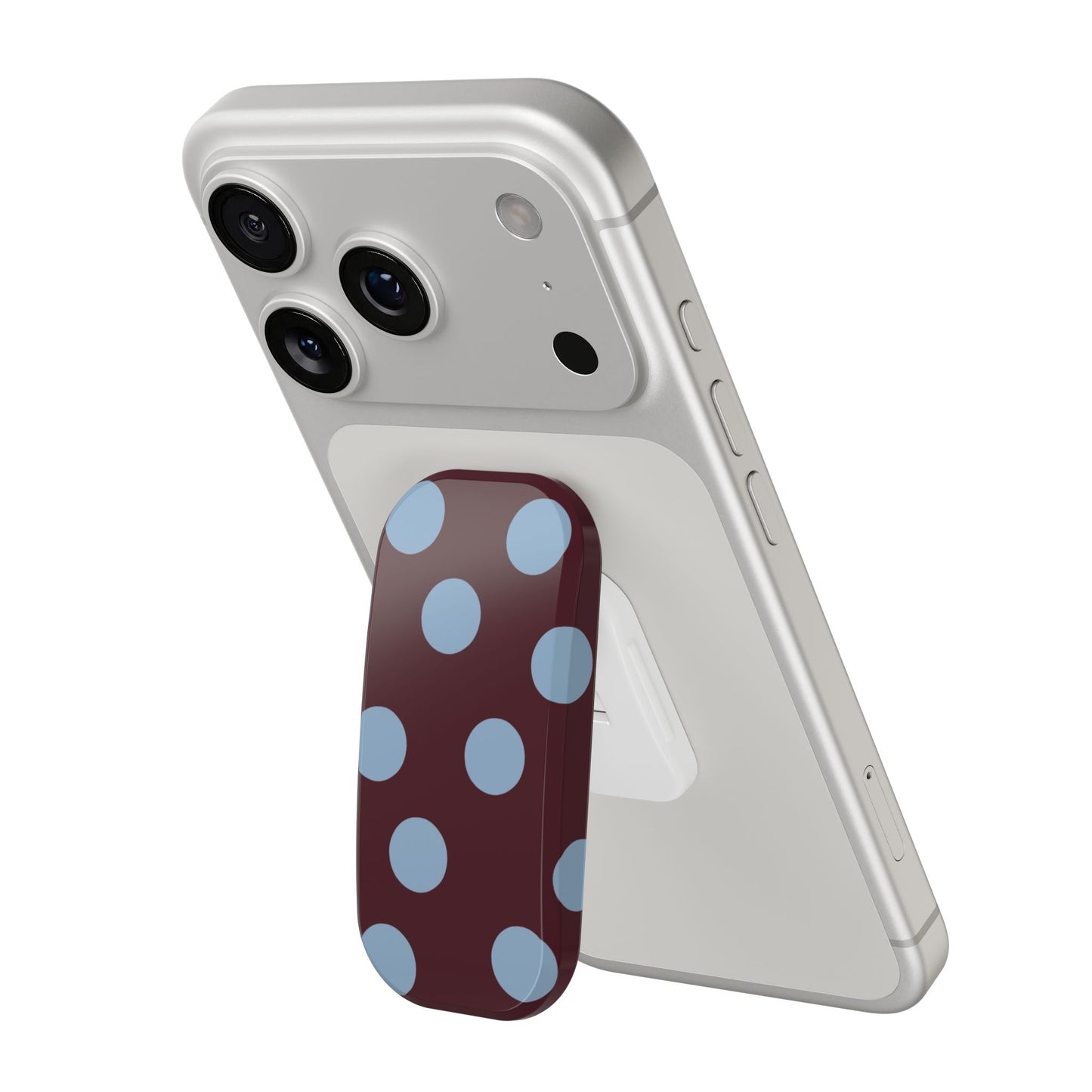 Polka Dot Clickit Phone Stand — Burgundy & Powder Blue Grip