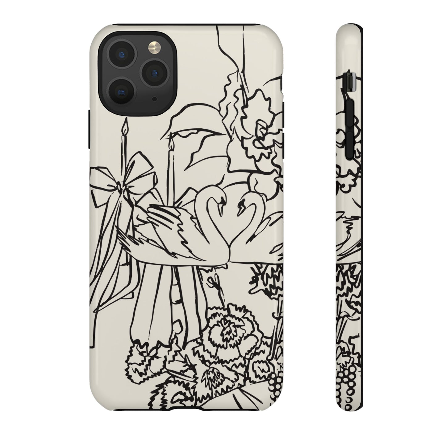 Black Line Art Floral Swan Phone Case