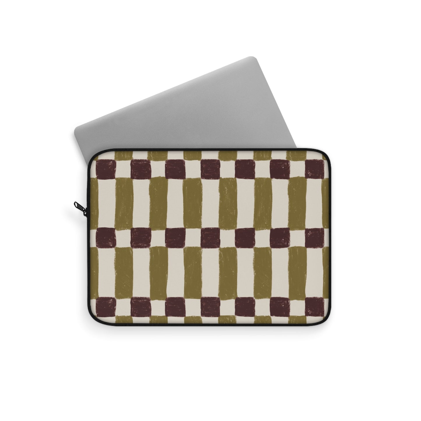 Checkerboard Olive Laptop Sleeve — Retro Hand-Painted Geometric Laptop Case