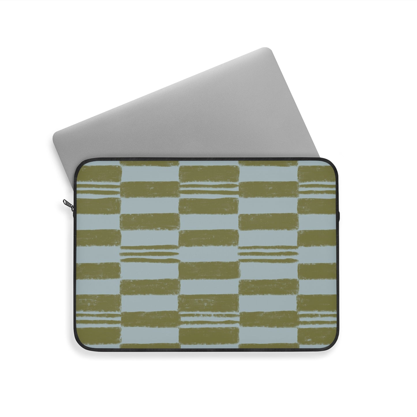 Olive Checkerboard Laptop Sleeve — Modern Brushstroke Grid Design