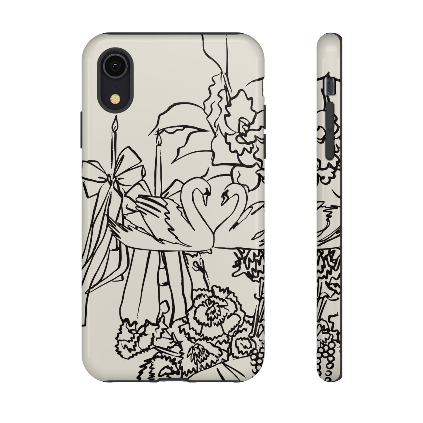 Black Line Art Floral Swan Phone Case