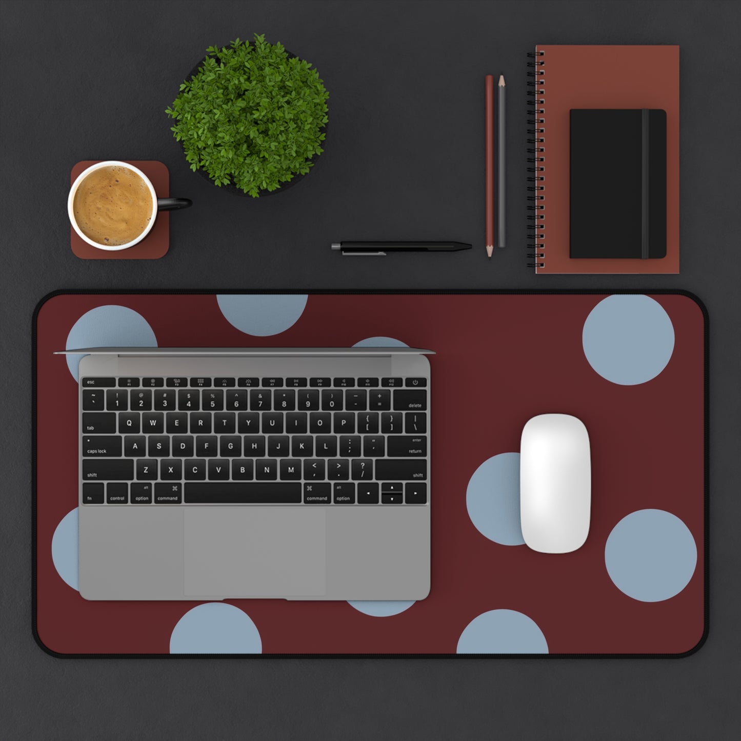 Polka Dot Burgundy Desk Mat — Large Mouse Pad with Blue Dots