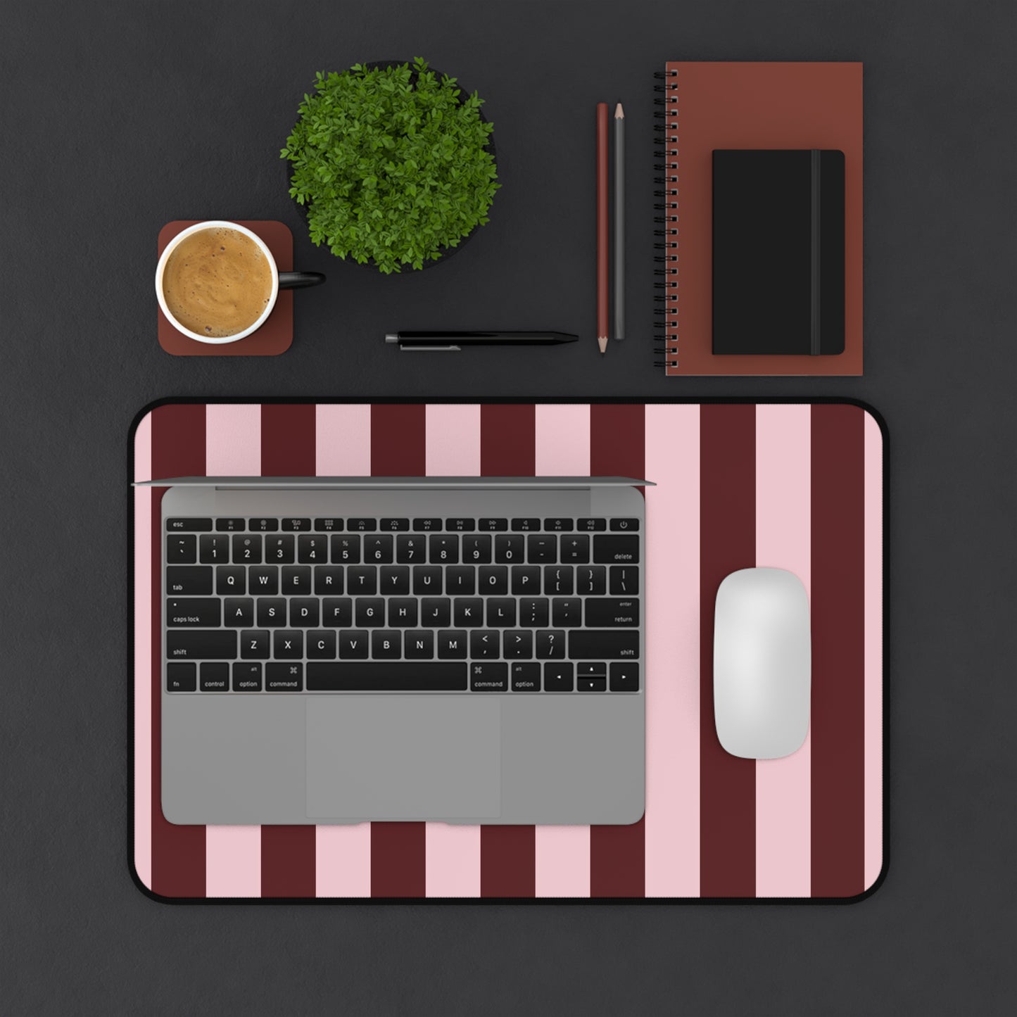 Striped Pink & Burgundy Desk Mat — Large Matte Mousepad for Office & Gaming