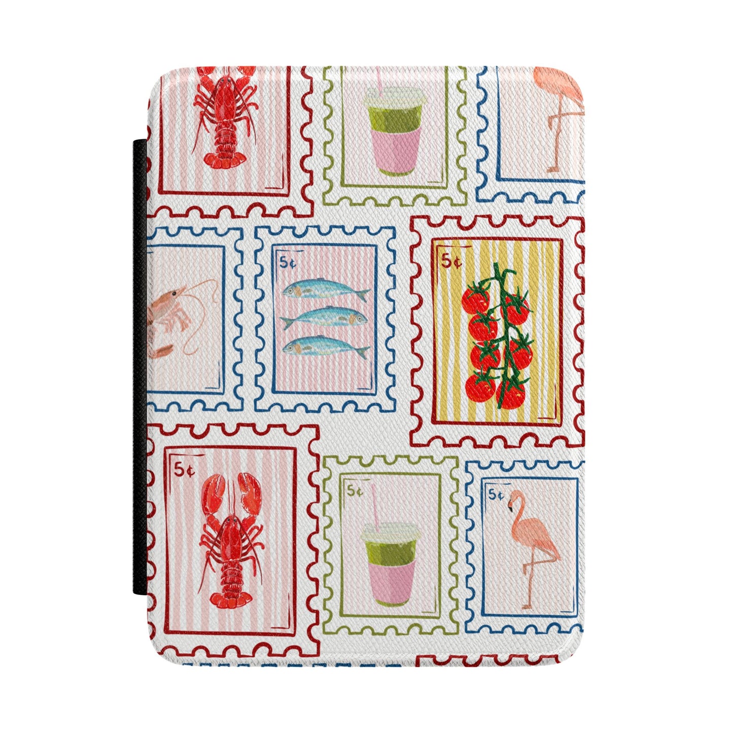 Postage Stamp Pattern Kindle Case – Coastal Shells, Flamingo & Lobster E-Reader Cover
