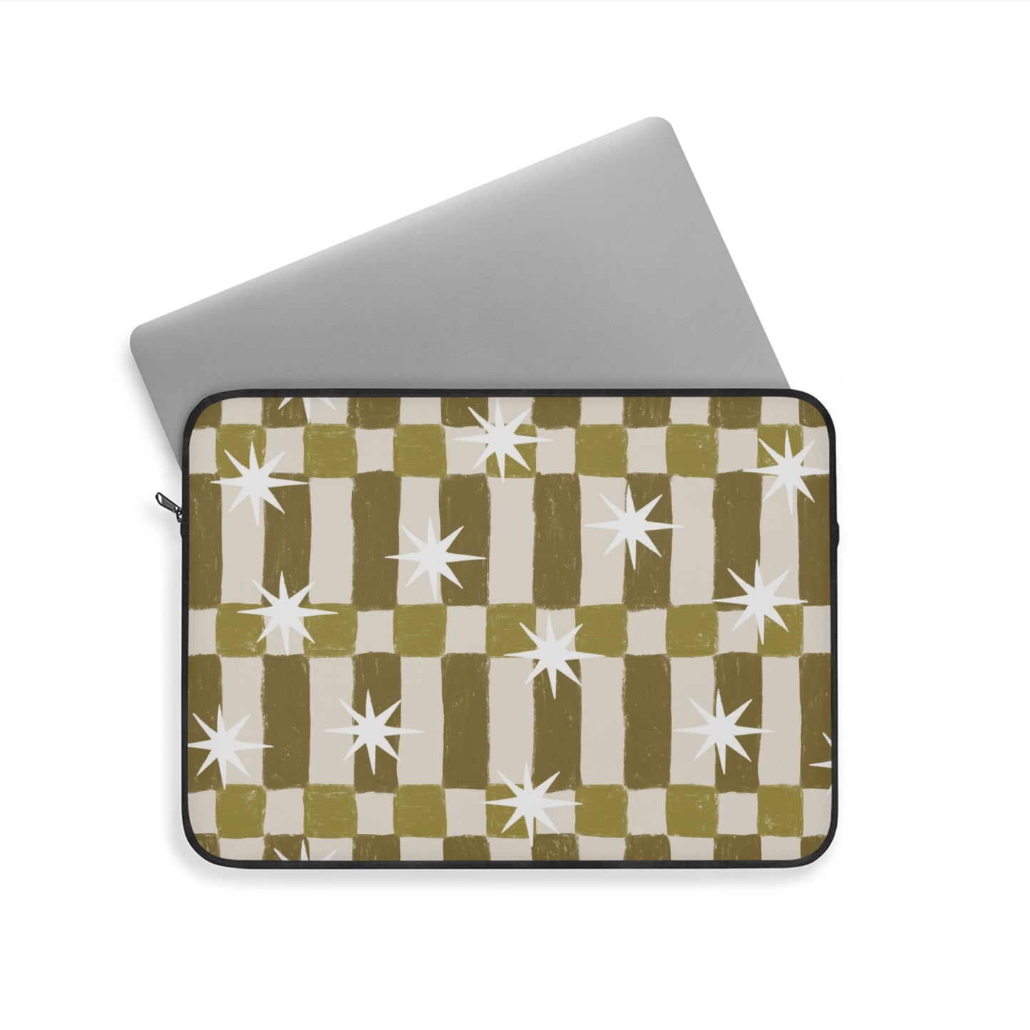 Retro Olive Check Laptop Sleeve with Starburst Pattern