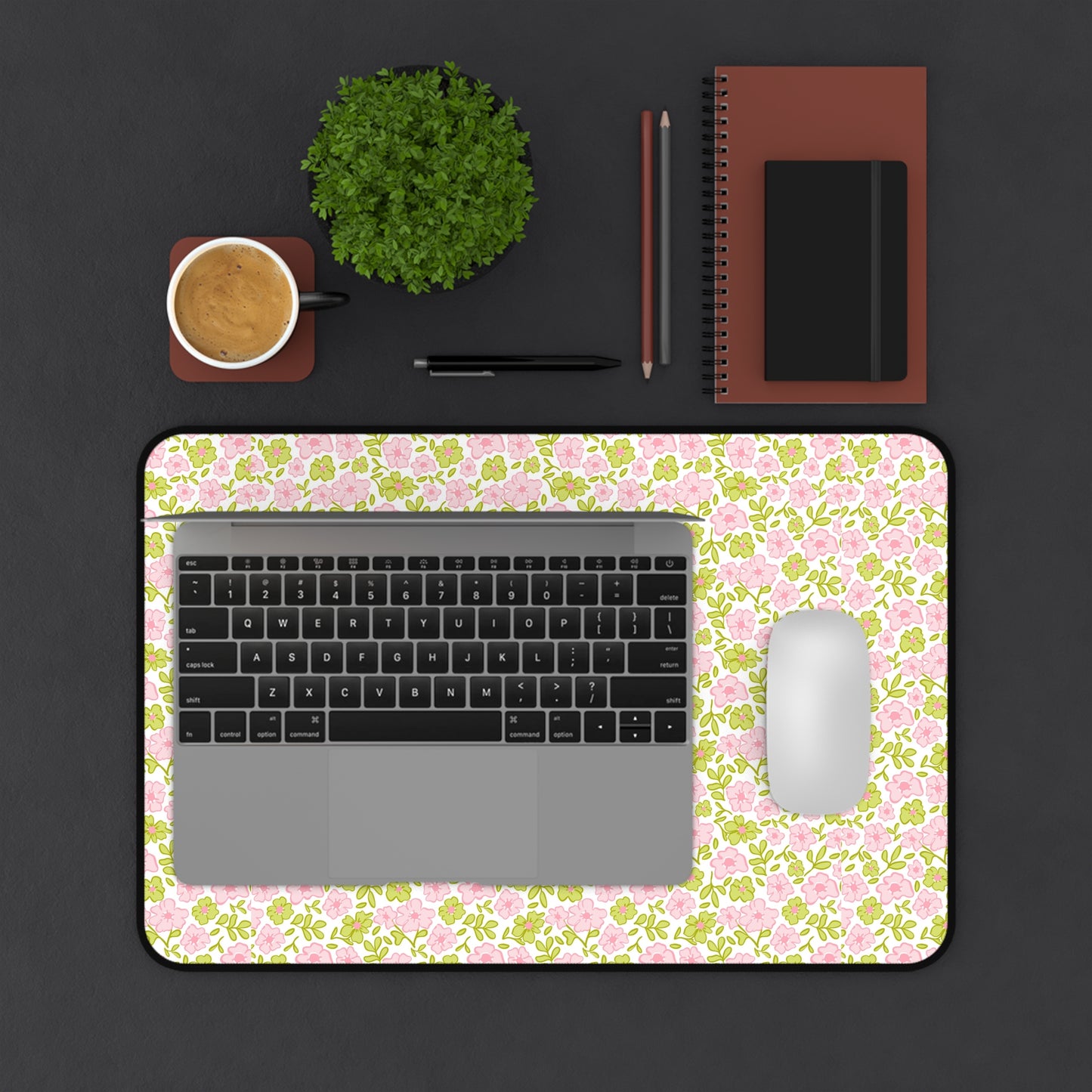 Floral Pastel Desk Mat — Pink & Sage Rose Pattern Mouse Pad