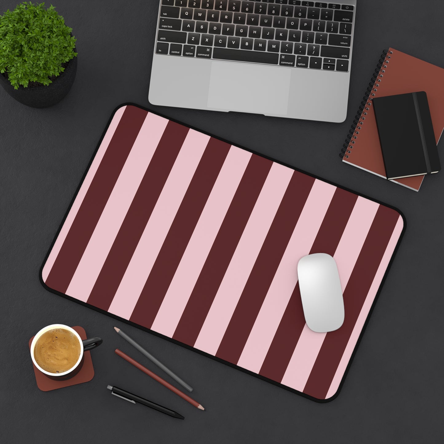 Striped Pink & Burgundy Desk Mat — Large Matte Mousepad for Office & Gaming