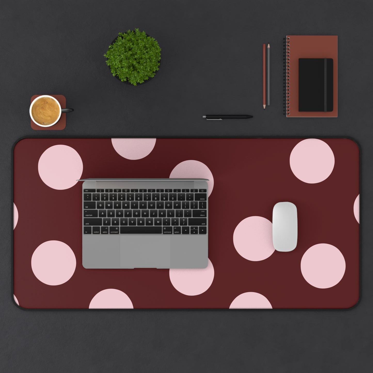 Polka Dot Desk Mat — Rose Pink Dots on Burgundy Mouse Pad