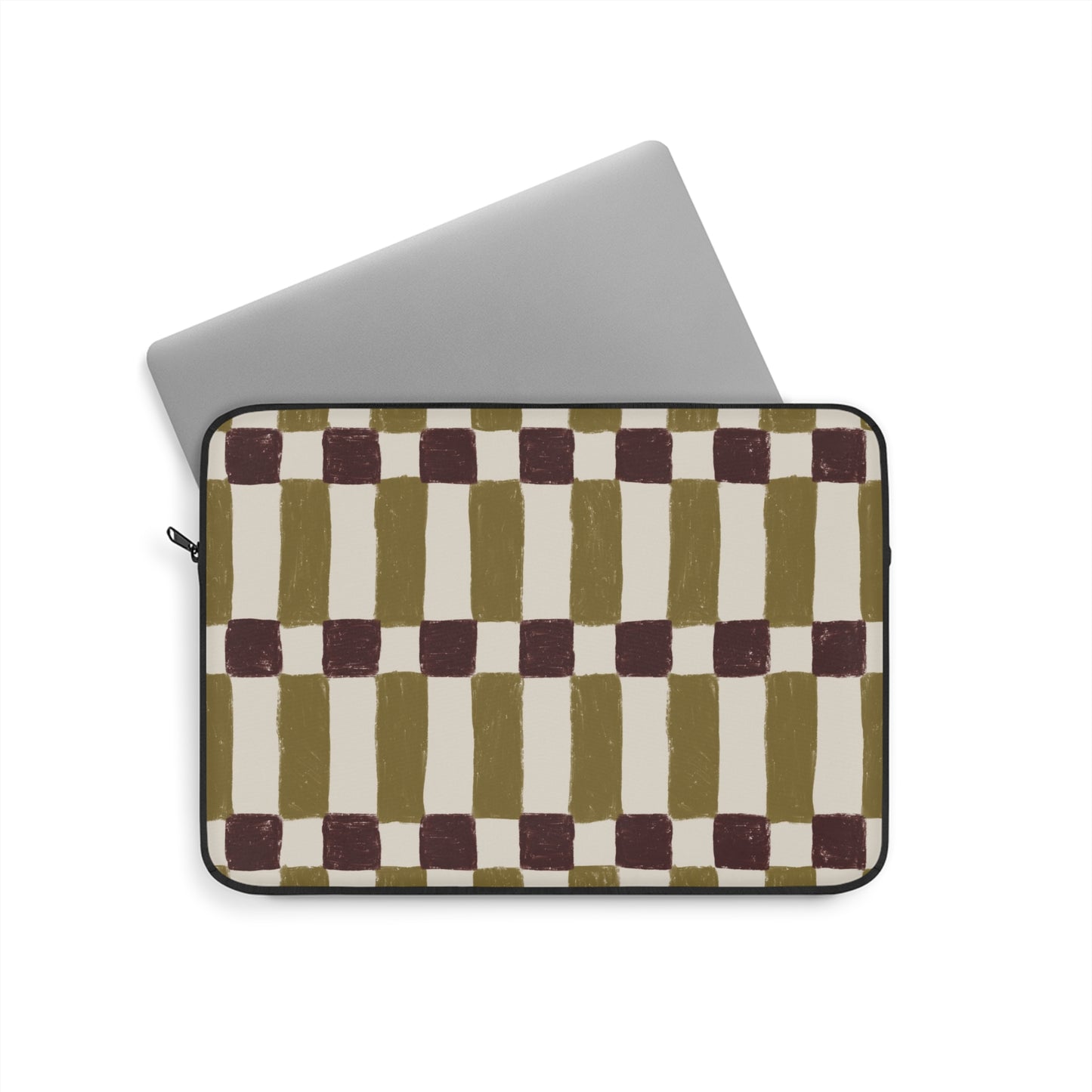 Checkerboard Olive Laptop Sleeve — Retro Hand-Painted Geometric Laptop Case