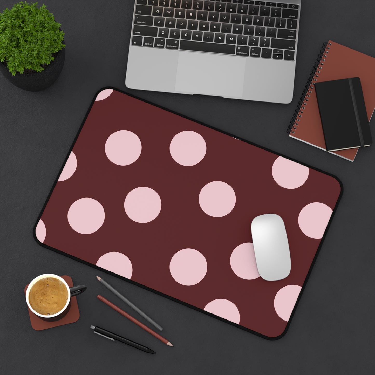 Polka Dot Desk Mat — Rose Pink Dots on Burgundy Mouse Pad