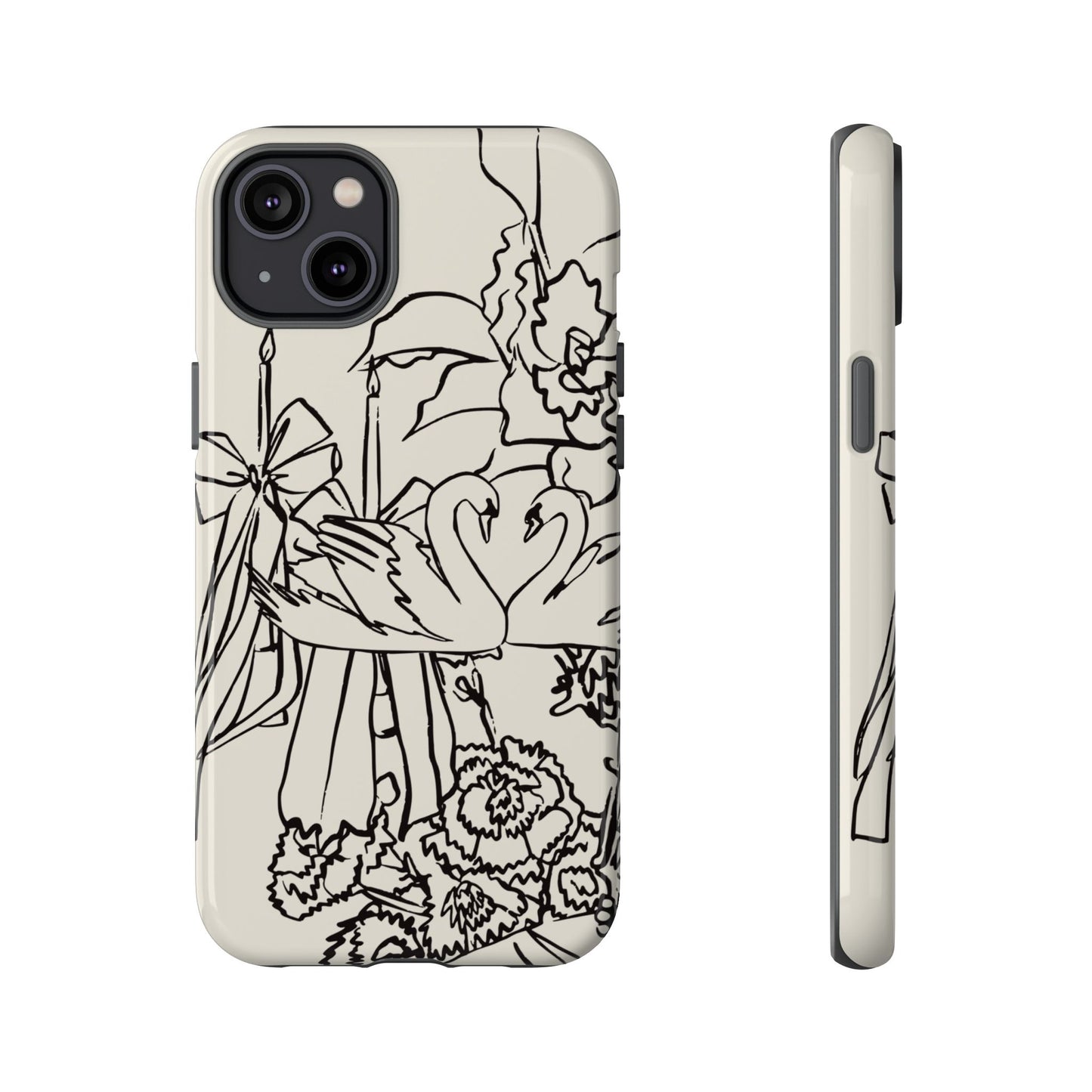 Black Line Art Floral Swan Phone Case