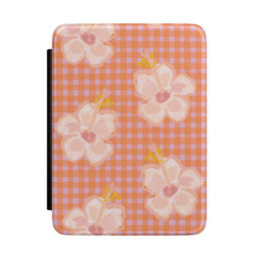 Floral Gingham Kindle Case — Pink Peach Plaid E-Reader Cover