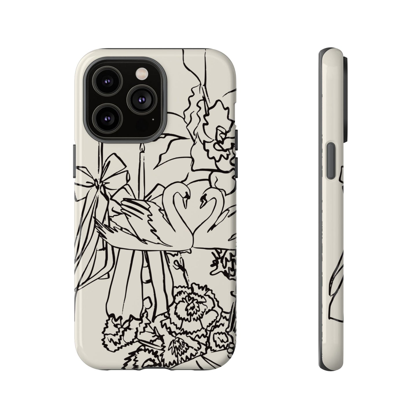 Black Line Art Floral Swan Phone Case