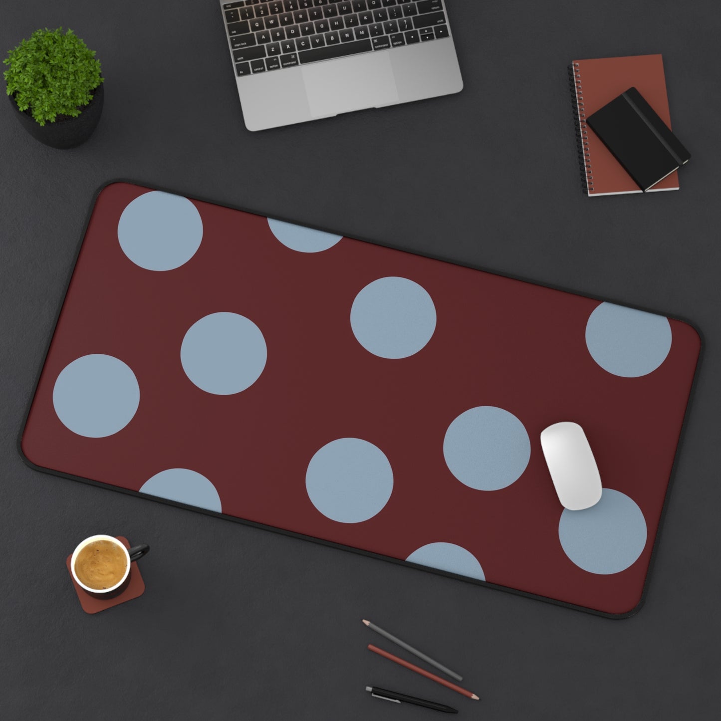 Polka Dot Burgundy Desk Mat — Large Mouse Pad with Blue Dots
