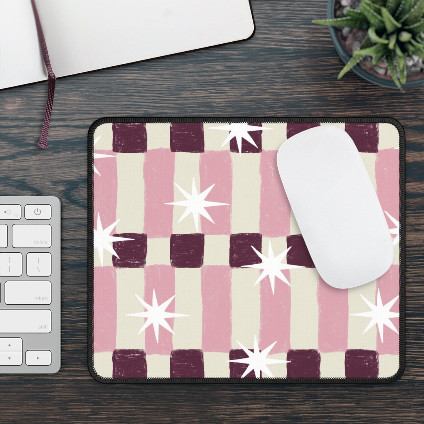 Pink Checkerboard Gaming Mouse Pad with White Starbursts — Retro Cute Desk Mat