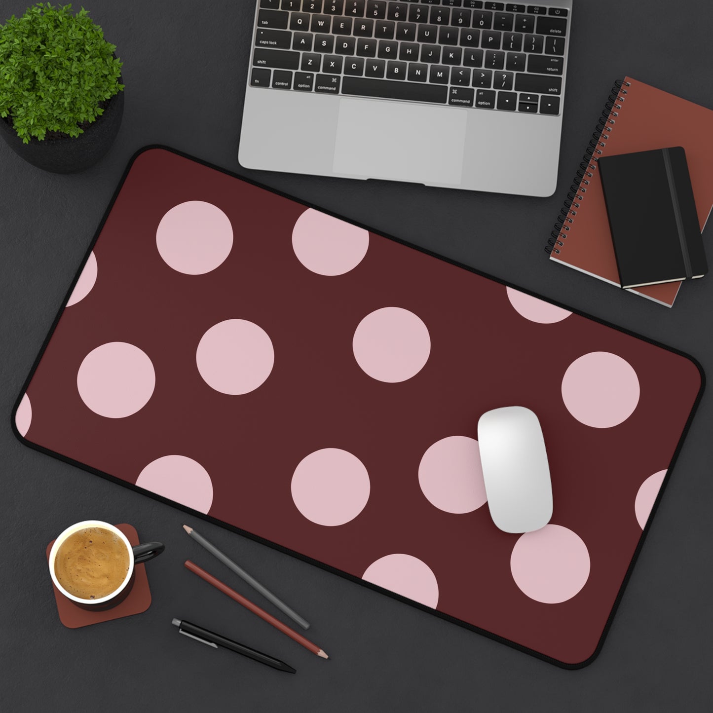 Polka Dot Desk Mat — Rose Pink Dots on Burgundy Mouse Pad