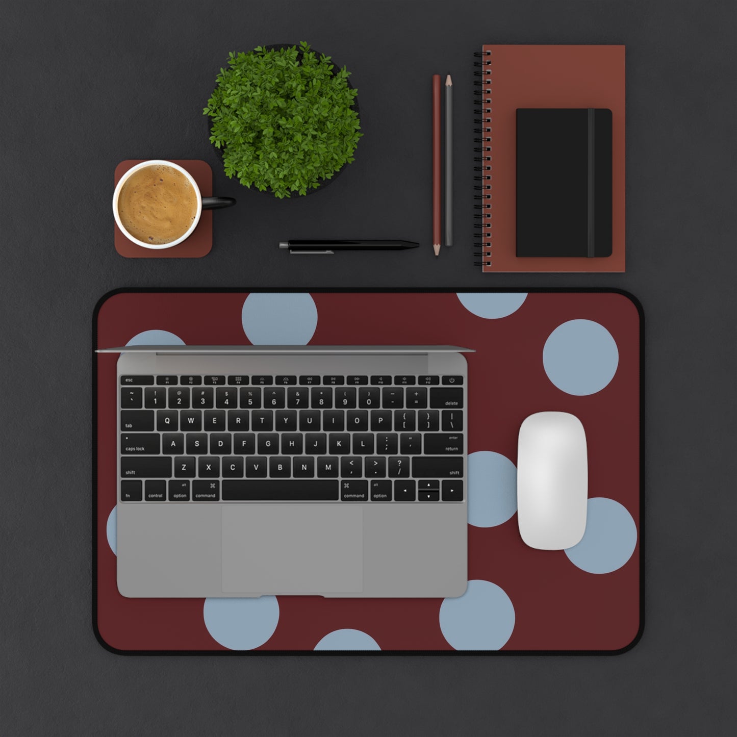 Polka Dot Burgundy Desk Mat — Large Mouse Pad with Blue Dots
