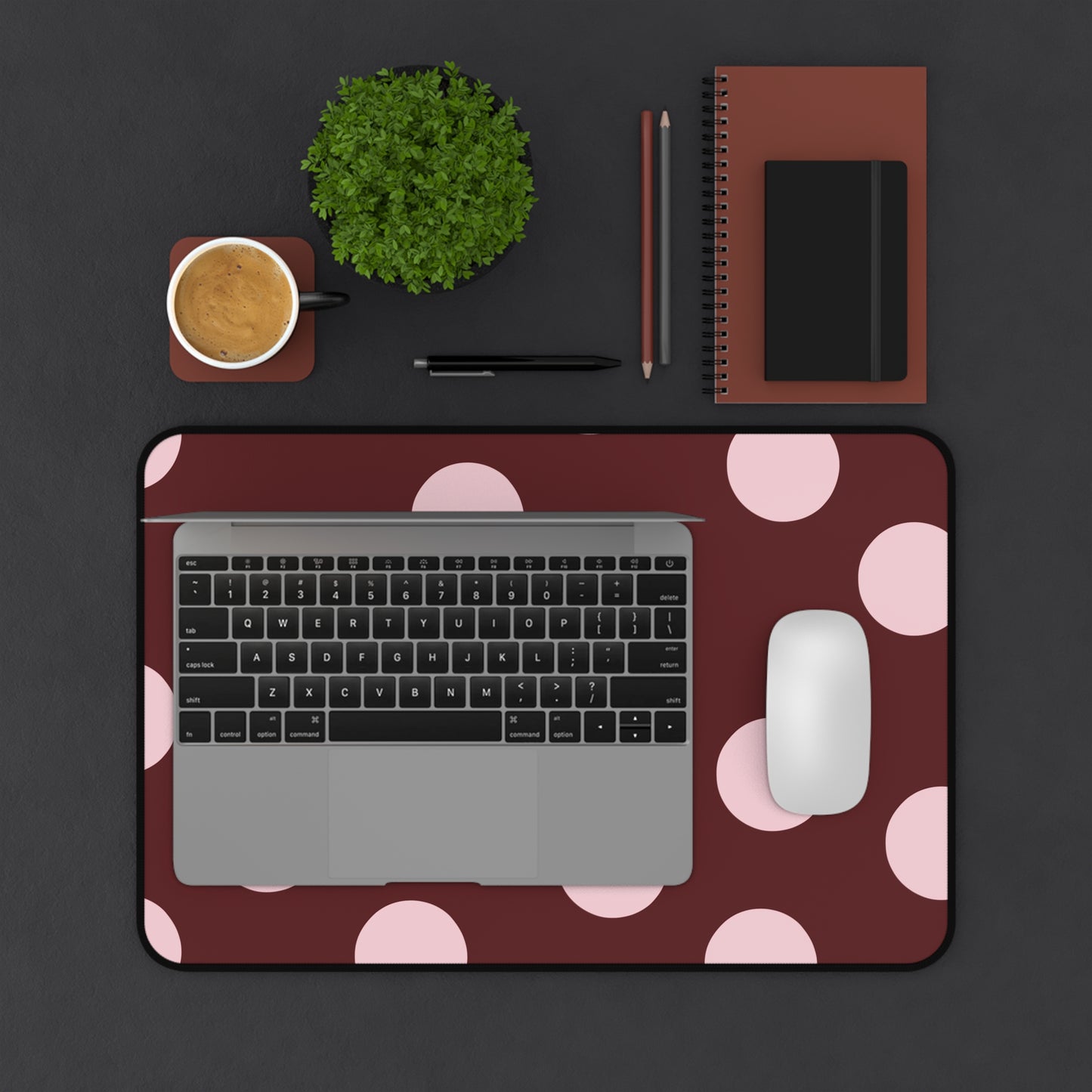 Polka Dot Desk Mat — Rose Pink Dots on Burgundy Mouse Pad
