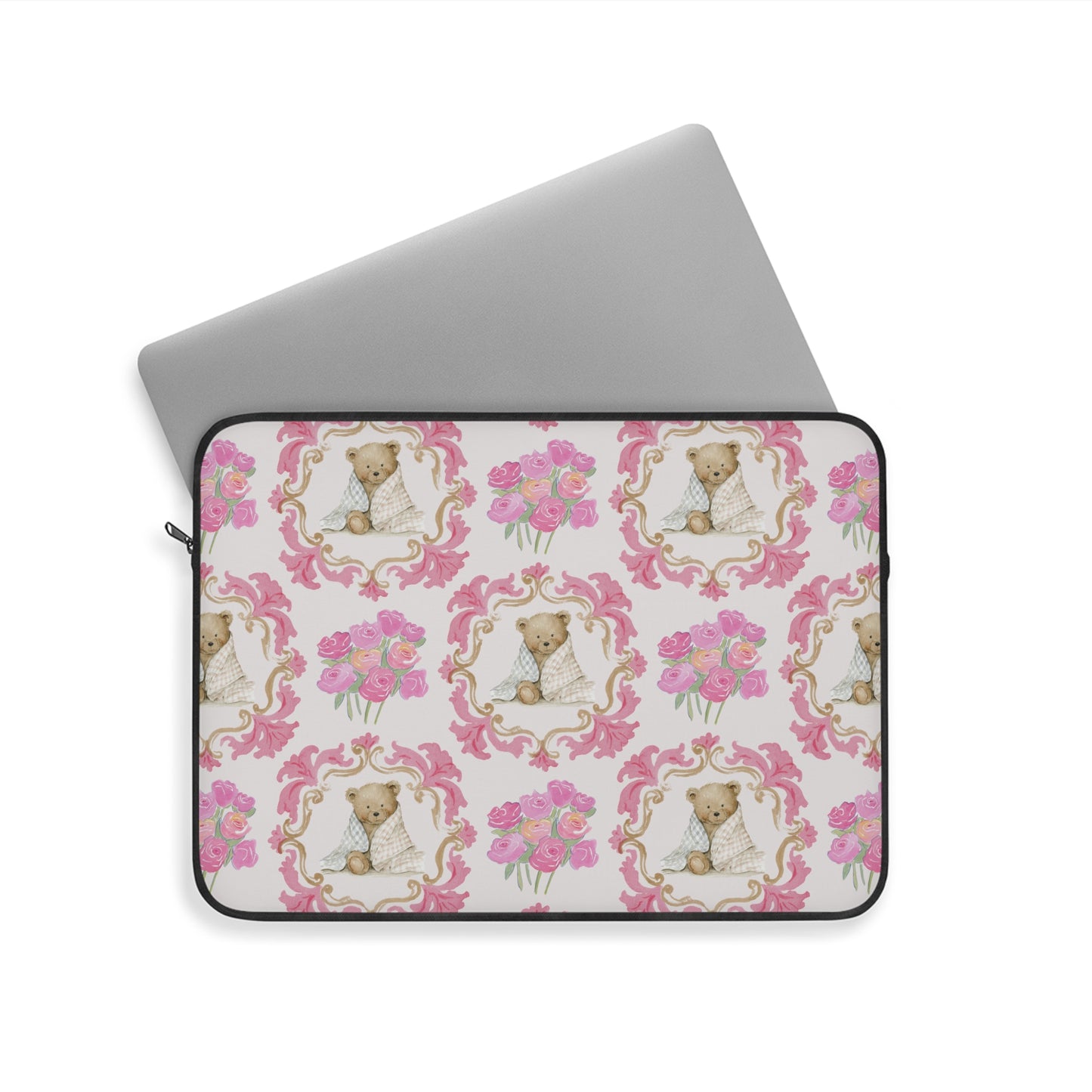 Laptop Sleeve — Vintage Floral Teddy Pattern, Pink Bouquet Protective Case