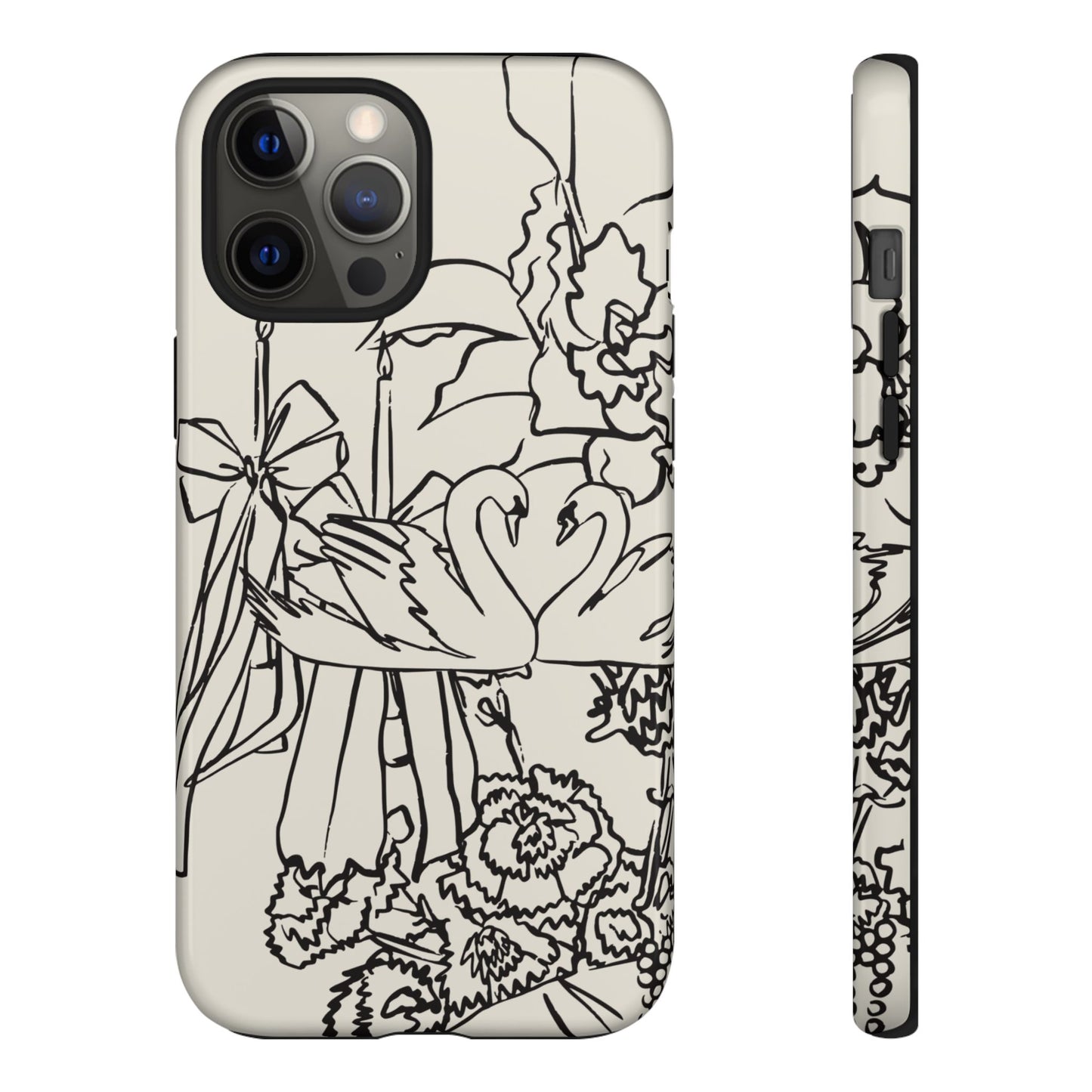 Black Line Art Floral Swan Phone Case