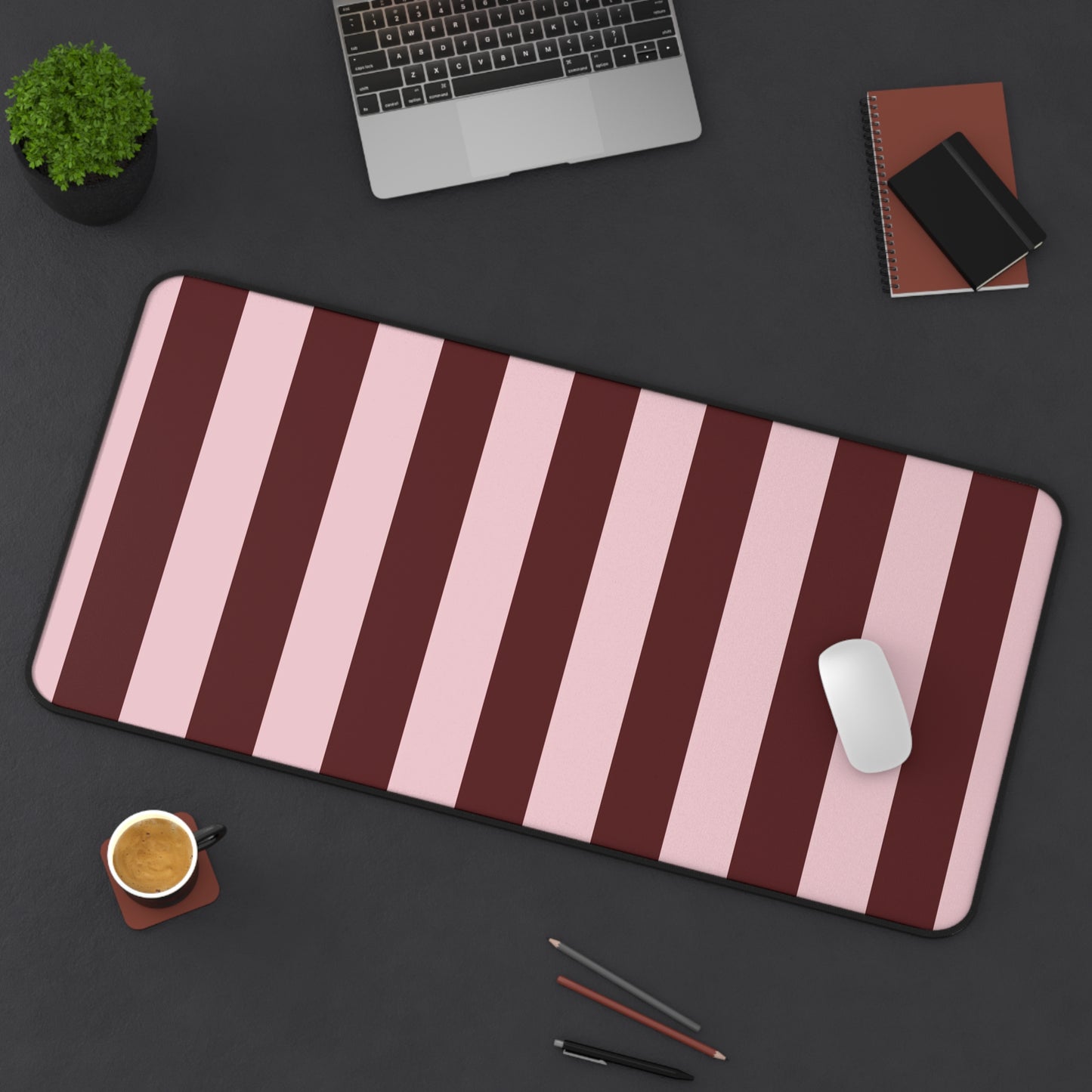 Striped Pink & Burgundy Desk Mat — Large Matte Mousepad for Office & Gaming