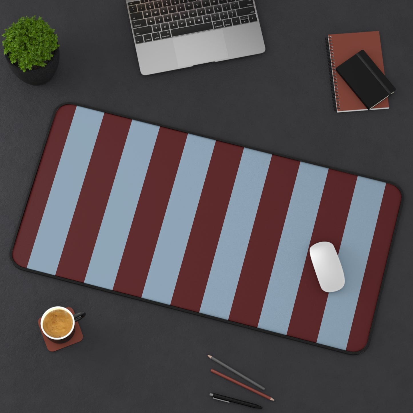 Striped Maroon & Slate Blue Desk Mat — Large Mousepad Surface for Office & Gaming