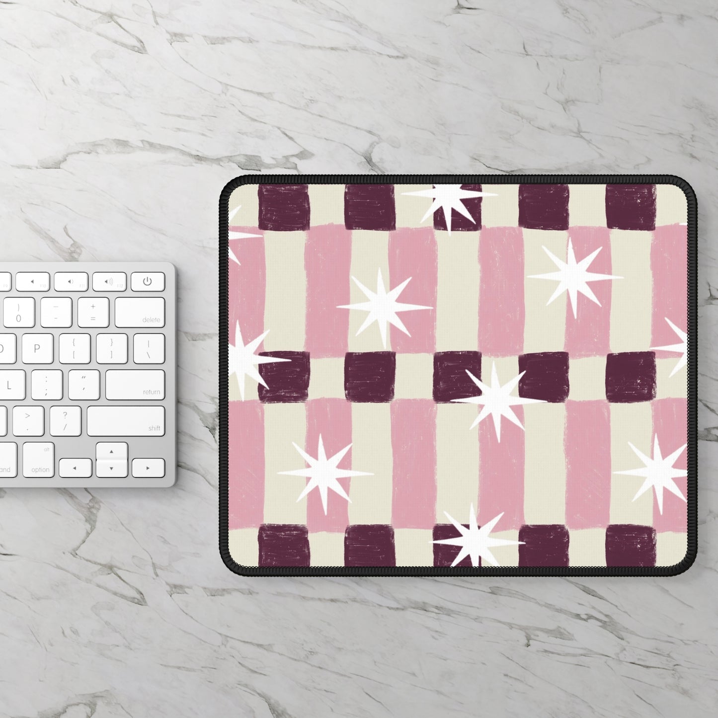 Pink Checkerboard Gaming Mouse Pad with White Starbursts — Retro Cute Desk Mat