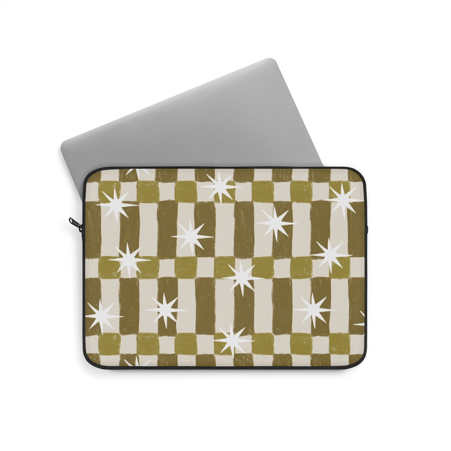 Retro Olive Check Laptop Sleeve with Starburst Pattern