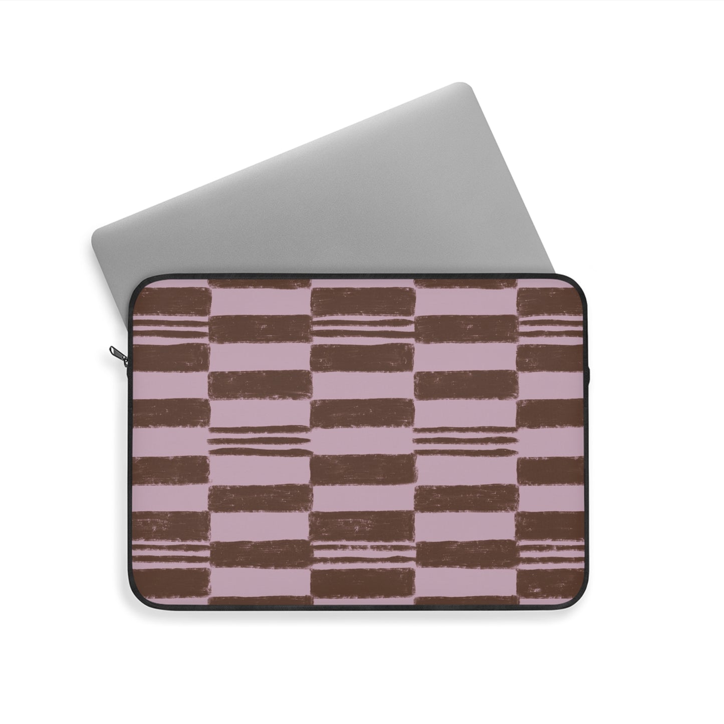 Pink Brown Checkerboard Laptop Sleeve — Retro Striped Grid Protective Case