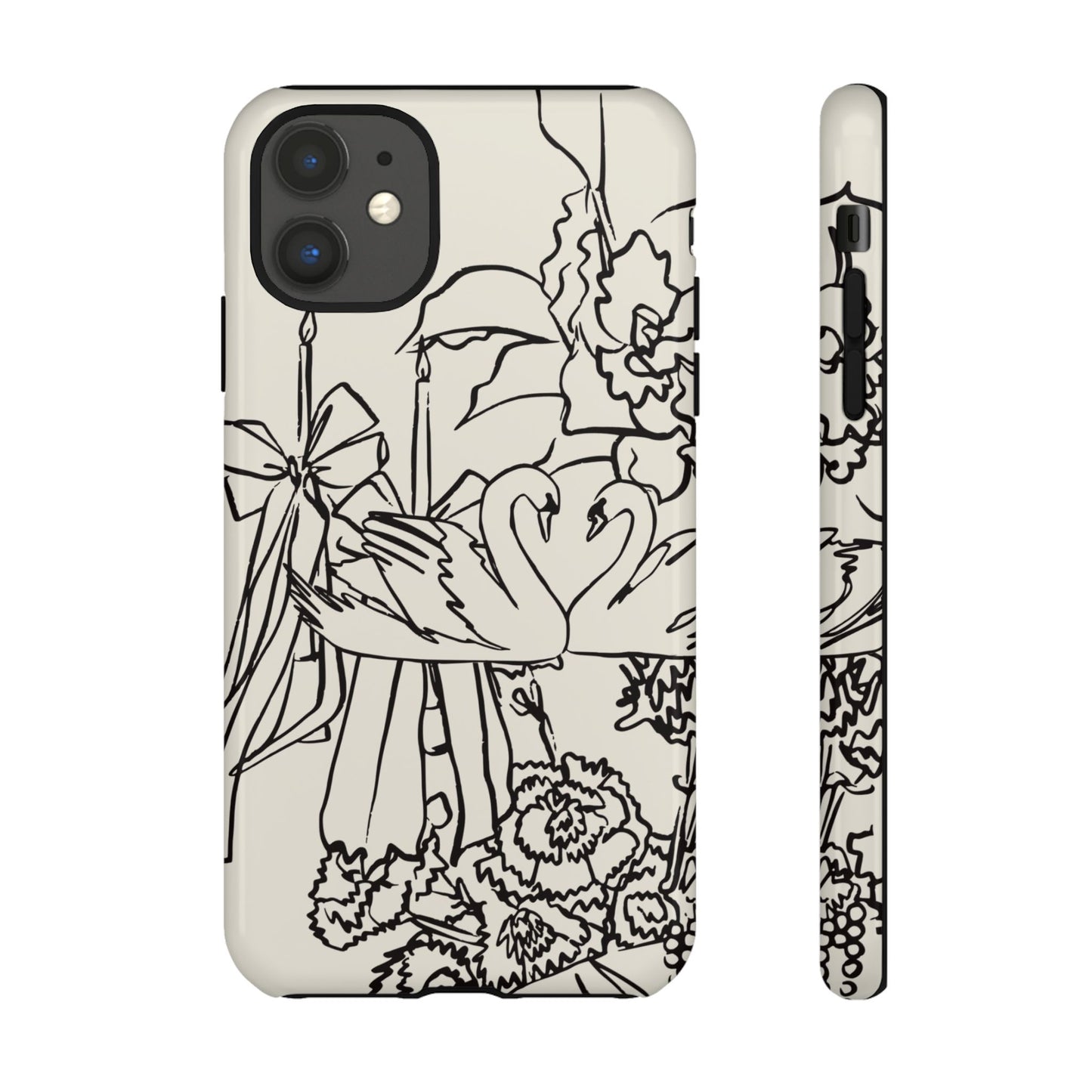 Black Line Art Floral Swan Phone Case