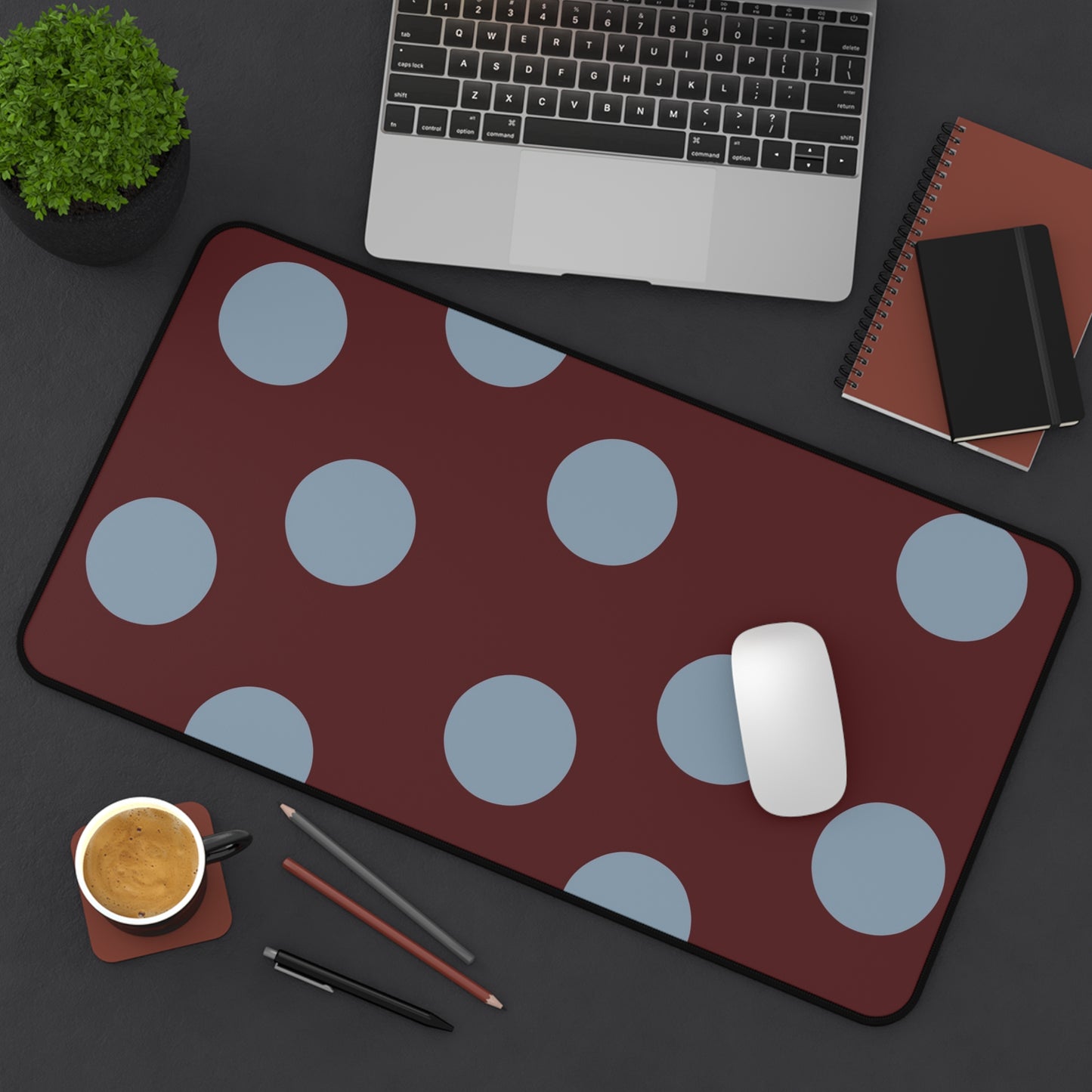 Polka Dot Burgundy Desk Mat — Large Mouse Pad with Blue Dots