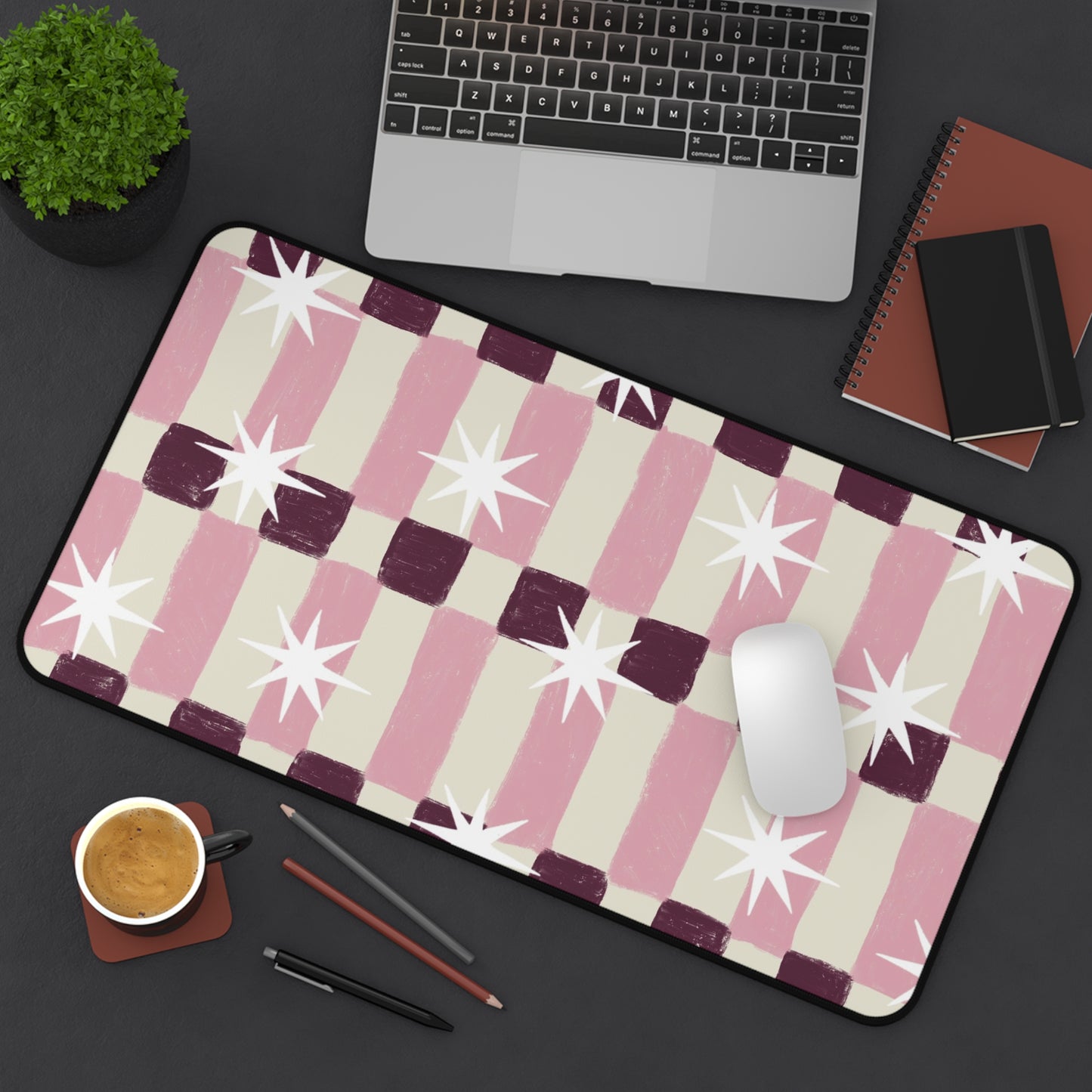 Pink Retro Check Desk Mat — Starburst Pattern