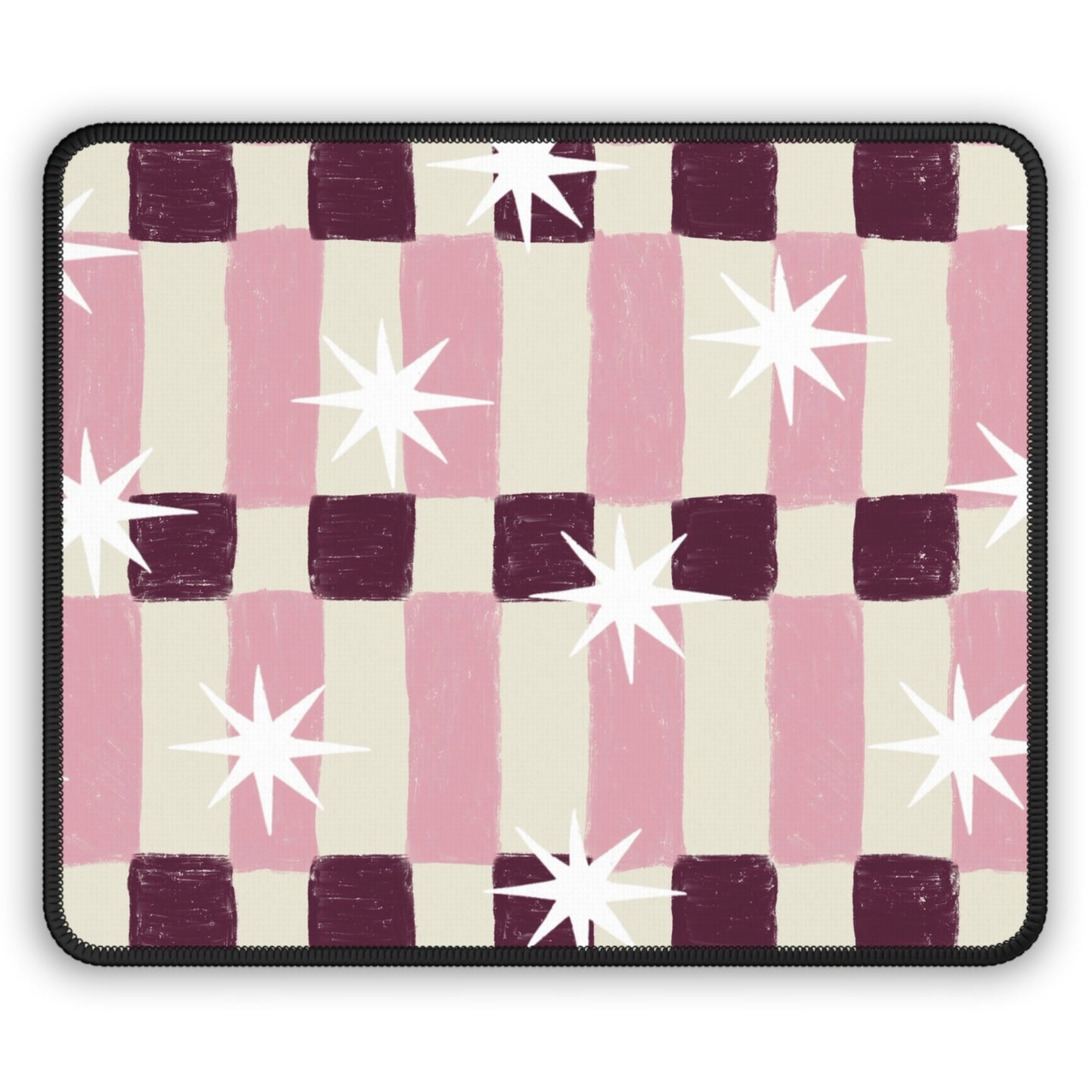 Pink Checkerboard Gaming Mouse Pad with White Starbursts — Retro Cute Desk Mat
