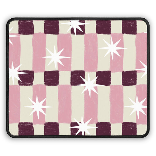 Pink Checkerboard Gaming Mouse Pad with White Starbursts — Retro Cute Desk Mat