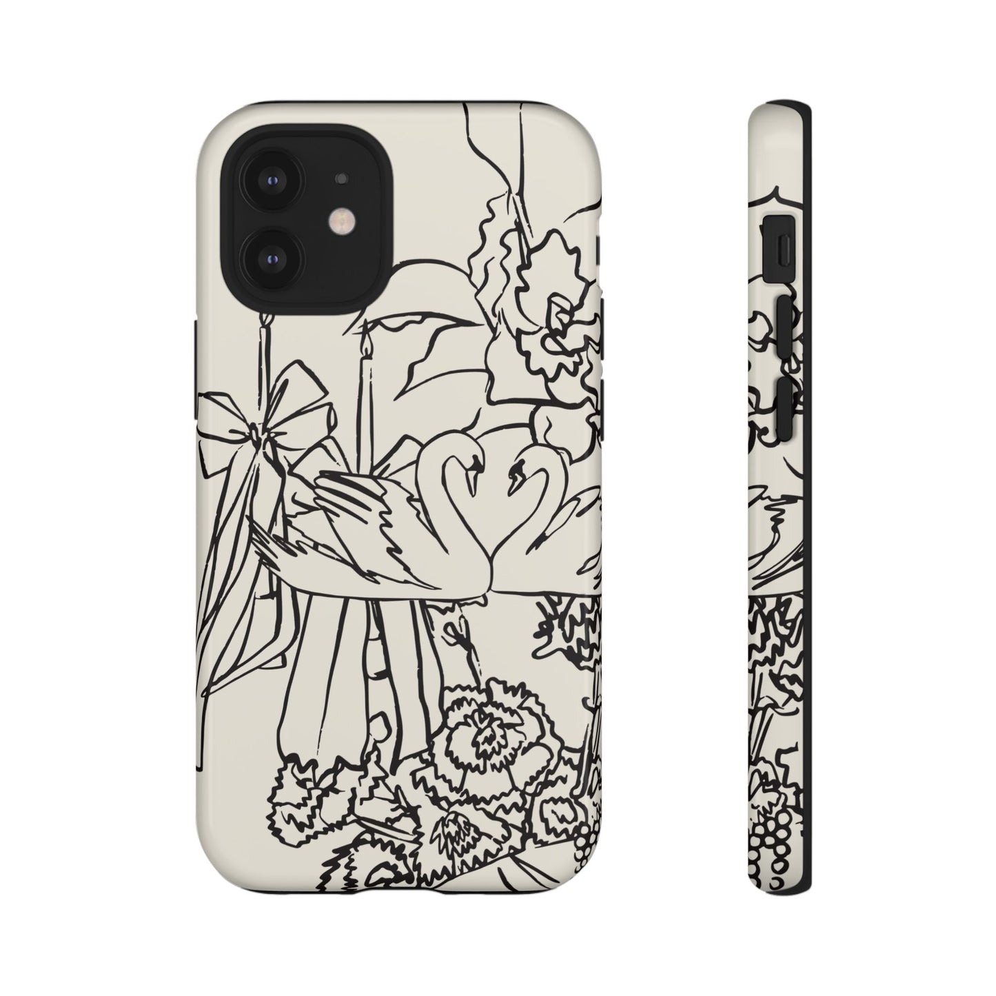 Black Line Art Floral Swan Phone Case